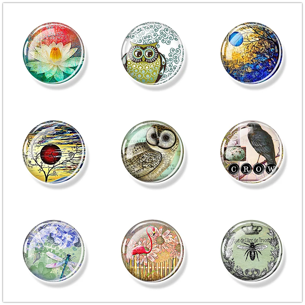 Bird Insect Plant Refrigerator Magnet Home Retro Art Circular Glass Decoration Gift for Family 30mm