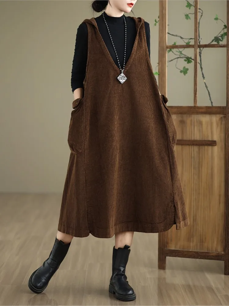 Oversized Corduroy Autumn Sleeveless Vests Hooded Dress Women Ruffle Pleated Fashion Ladies Vests Dresses Loose Woman Long Dress