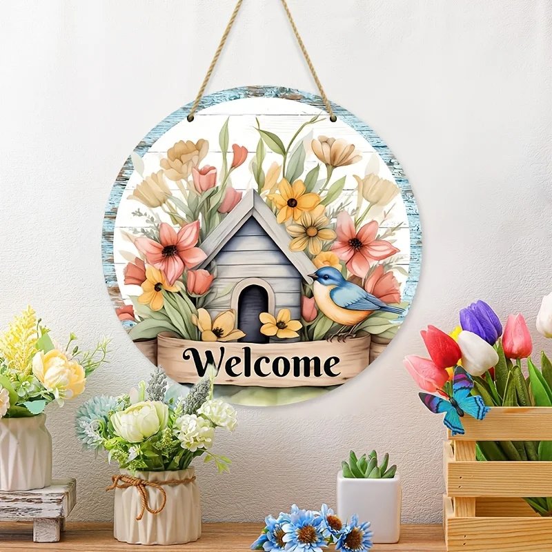 1 قطعة علامة ترحيب خشبية دائرية للمزرعة الريفية ، تصميم زهور وطيور للربيع/الصيف مطبوع بالأشعة فوق البنفسجية ، ديكور جداري متعدد الاستخدامات للمنزل