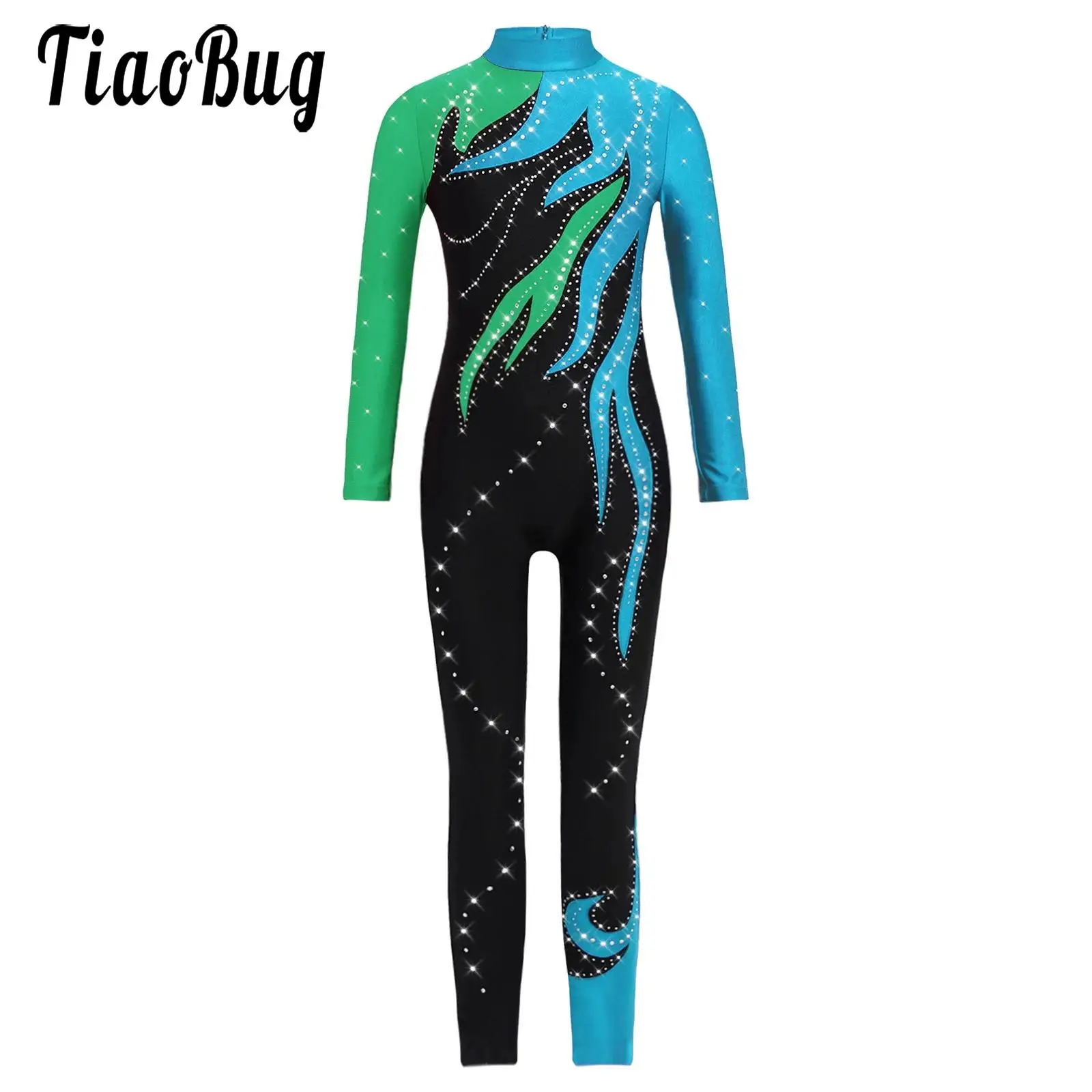 Kid Girls Rhythmic Gymnastics Leotards Figure Skating Tights Performance Costume Long Sleeves Shiny Rhinestones Workout Jumpsuit