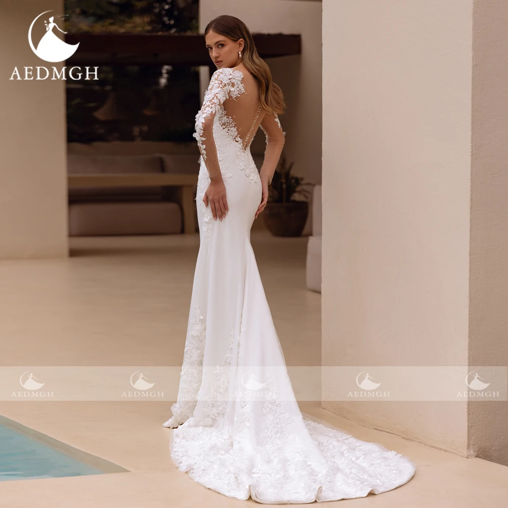 Aedmgh Mermaid Satin Wedding Dresses Sweetheart Long Sleeve Vestido De Novia Lace Beaded 3D Flower Sexy Custom Made Bridal Gown