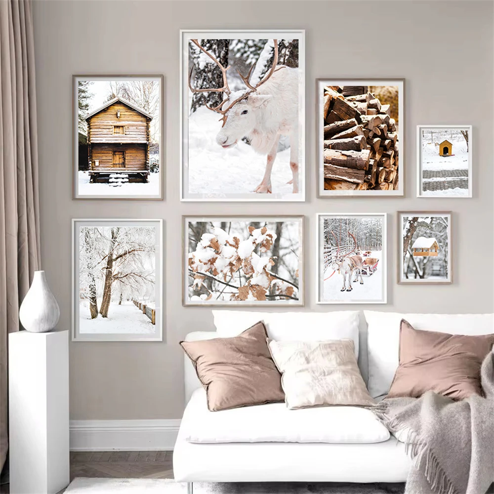 

Winter Snow Landscape House Canvas Painting Reindeer Poster Wood Leaves Wall Art Nordic Print Pictures Living Room Home Decor