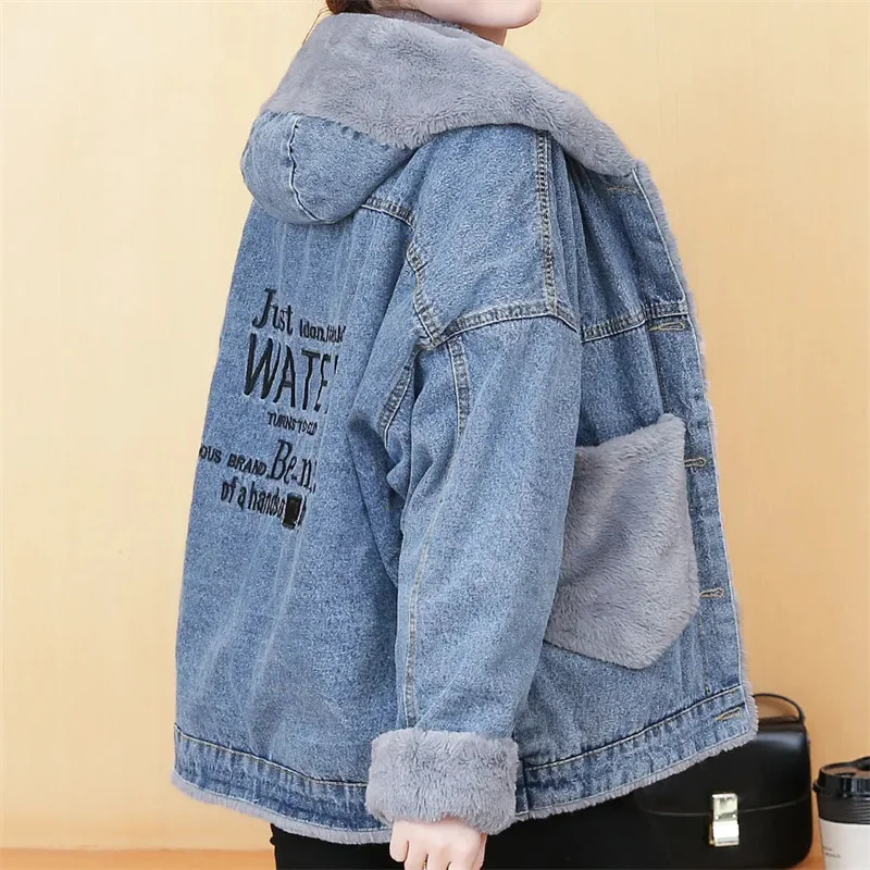 WomenWinter Hooded Parka Coat Retro Short Female Thicken Cowboy Outerwear Korean Version Loose Ladies Denim Cotton-Padded Jacket