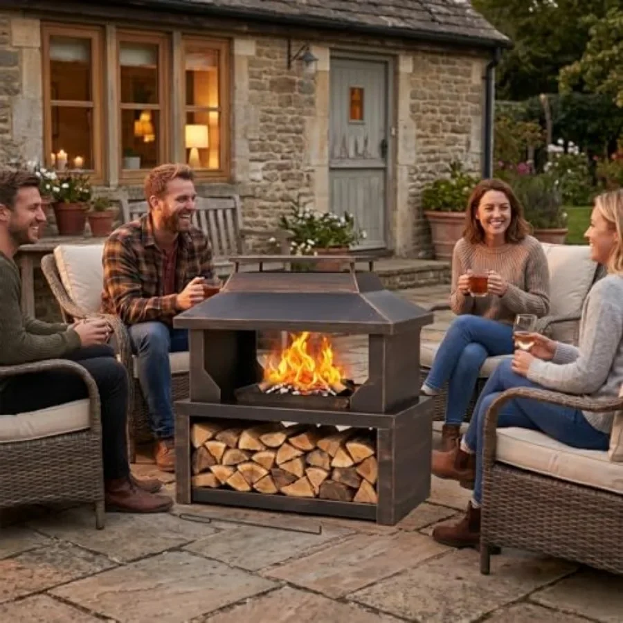 Outdoor fireplace for patio garden backyard deck: heavy duty steel, black, built-in firewood storage and chimney with removable