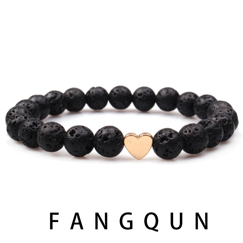 Breloques en forme de cœur, perles de lave noires, Bracelets en pierre volcanique naturelle, pour femmes et hommes, bijoux de prière de Yoga