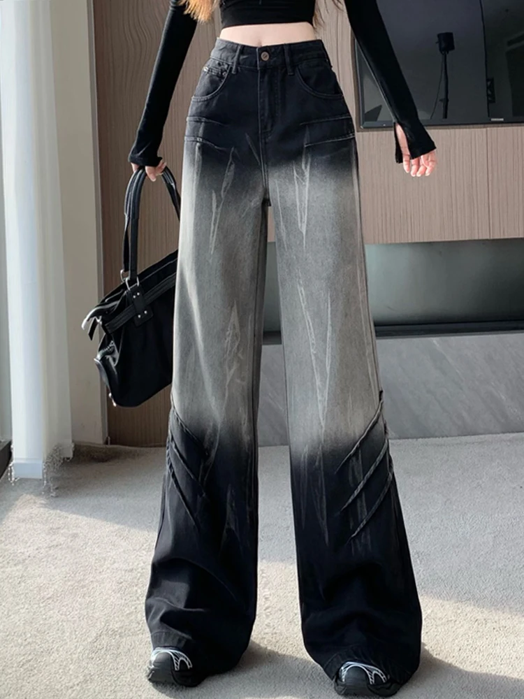 

Осенние новые джинсы в американском стиле с высокой талией длиной до пола, женские повседневные прямые джинсовые широкие брюки с завязками