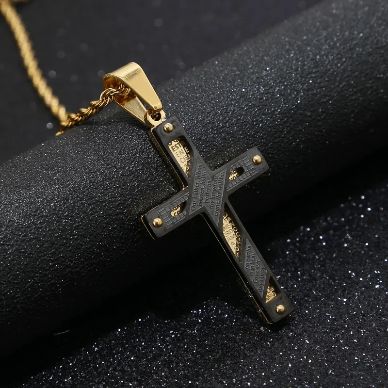 24inch golden Stainless Steel Black Cross Pendant Necklace for Men Lord's Prayer Necklace rope Chain