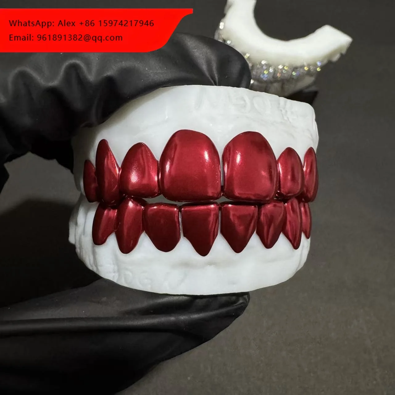 

Custom Made Fitted Grill Perm Cut Grillz 925 Silver Blood Red Plated Grills Solid 10KT Gold 8 On 8 Plain Dental Teeth Grillz