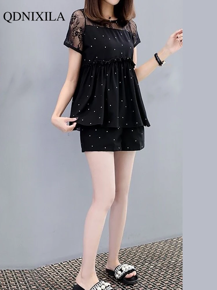 2022 Summer Oversized Lace Cute Sweet Women Shorts Set Fashion Dot Short Sleeve Slim Sling Dress Wide Leg Shorts 2-piece Set