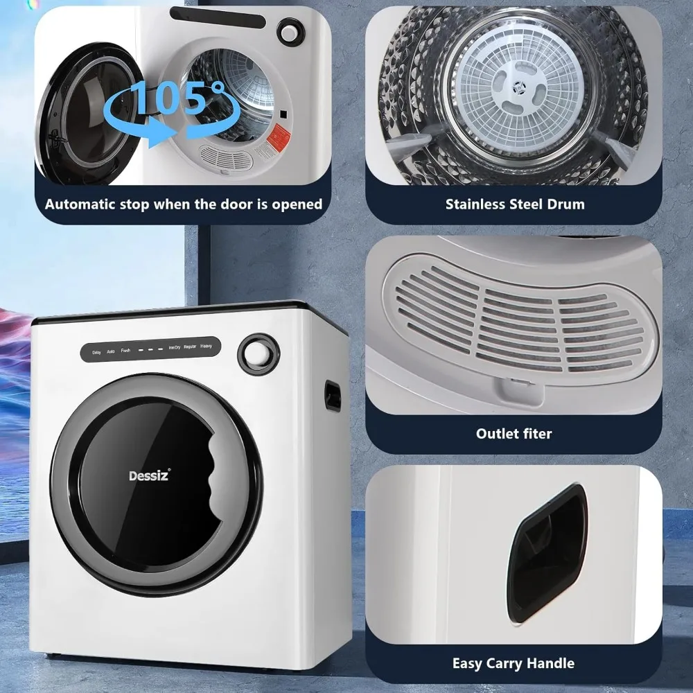 DTD10-WHITE سعة 11 رطل مدمجة، 110 فولت 970 وات ملابس محمولة مساحات صغيرة RVs وشقق هادئة وقوية وسهلة الاستخدام، Su