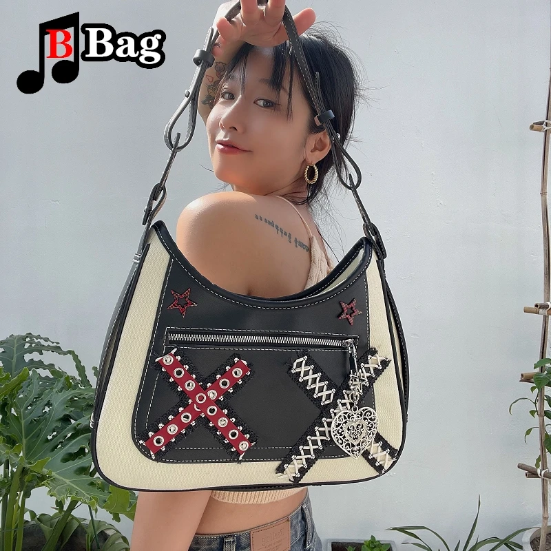 Millennial PU Splice Bag Pequena Spice Girl Retro Tote Um Ombro Crossbody Underarm Handbag y2k Harajuku mulher