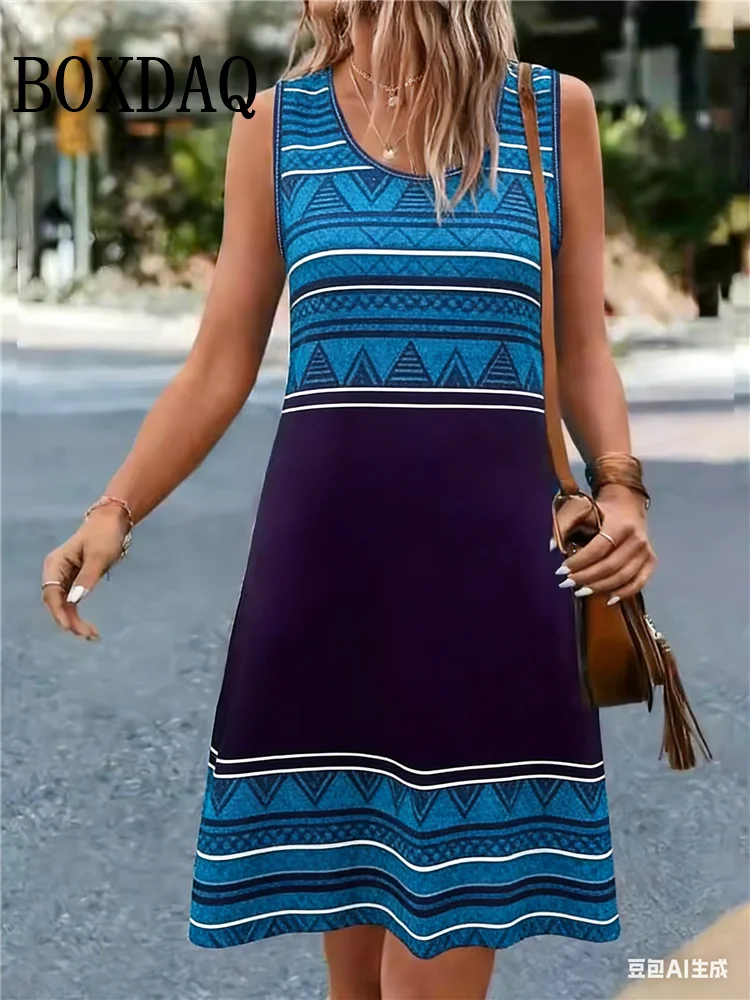 Summer Beach Tank Short Dresses Retro Casual Sleeveless A-Line Dress Women Sundress Ethnic Style 3D Printing O-Neck Loose Dress