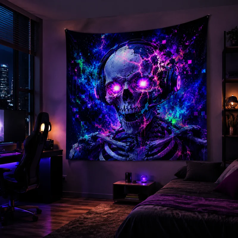 VIKAMA Purple Blue Cyber Neon Earphones Skull Tapestry Shattered Crack Eye Bone Galactic Pixel Nebula Room Decoration