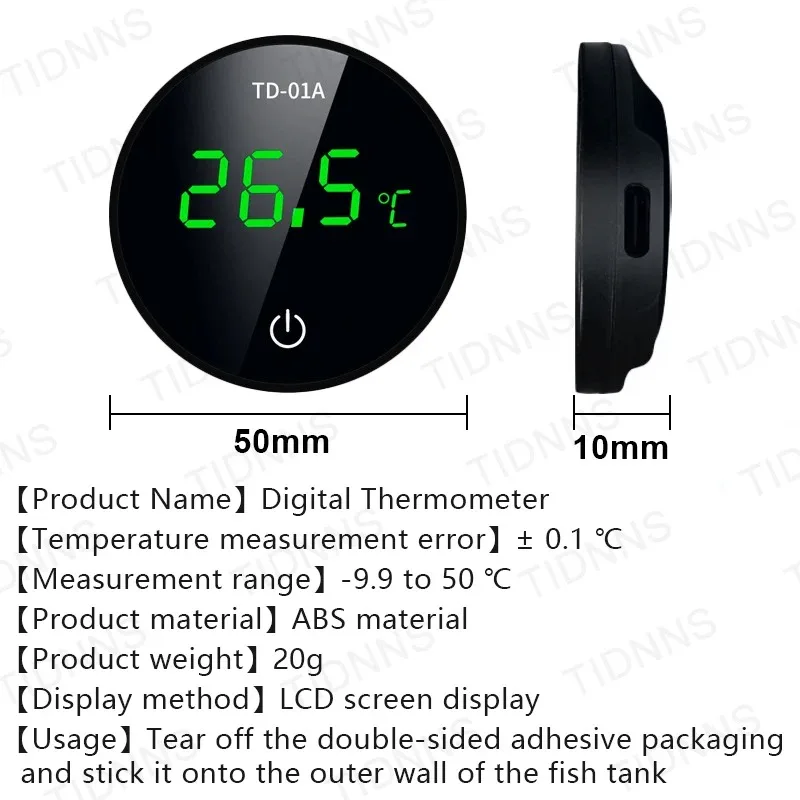 Newest Aquarium Thermometer LCD Digital External Thermometer Charging Type-C Fish Tank Mini Thermometer High Precision -9.9-50℃