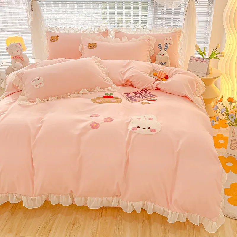 

Princess Feng Shui Washing Cotton Grinding Bed Sheet Four Piece Set Pink Girl Quilt Set Single Dormitory Bedding Three Piece Set