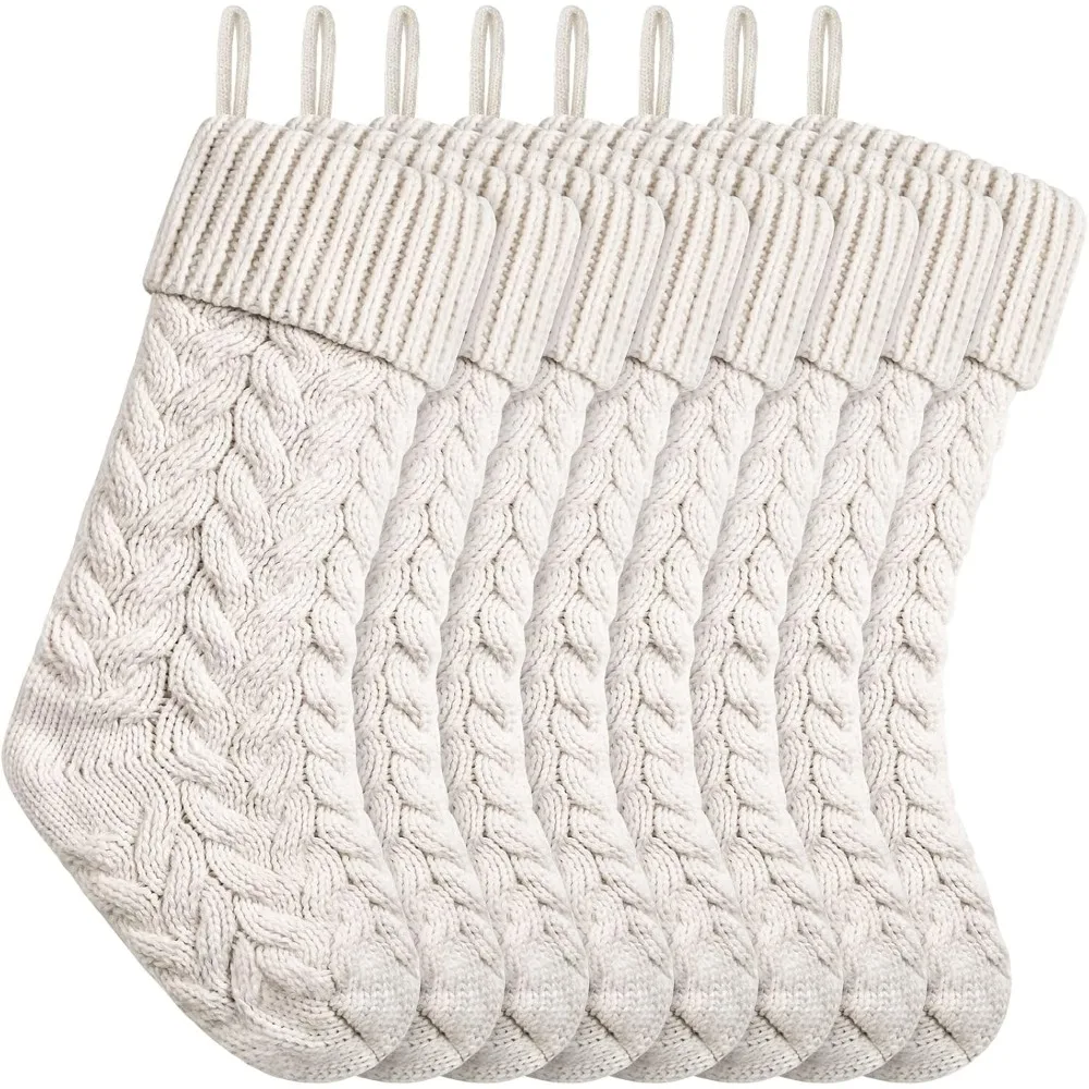 18 Inches Christmas Stockings Knit Xmas Stockings Large Fireplace Hanging Stockings for Family Christmas Decoration (Ivory, 8)