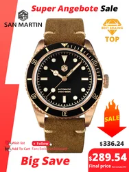 San Martin 38mm Vintage 6200 CuSn8 Bronze Diver Orologio da uomo di lusso PT5000 SW200 Zaffiro Meccanico automatico 20Bar Cinturino in pelle