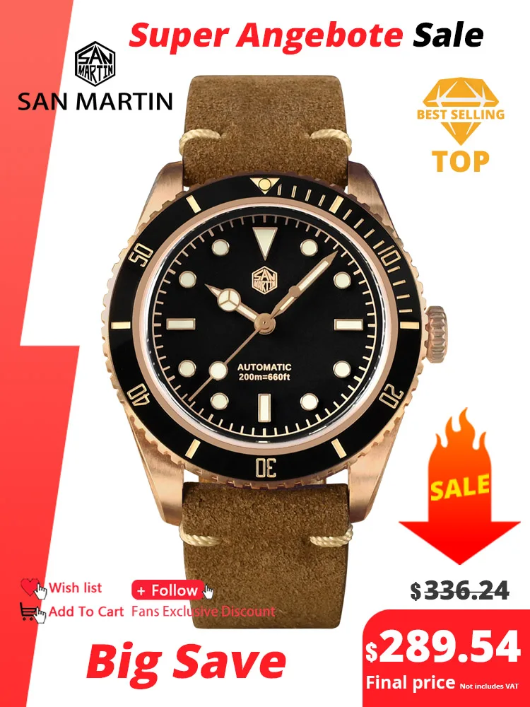 San Martin 38mm Vintage 6200 CuSn8 Bronze Diver Luxury Men Watch PT5000 SW200 Sapphire Automatic Mechanical 20Bar Leather Strap