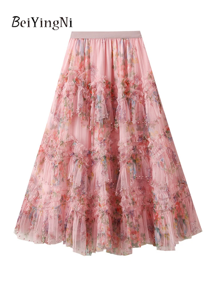 Beiyingni Long Mesh Tutu Skirts for Women Pink Beading Fairy Woman's High Waist Ball Gown Pleated Skirt Floral Print Tulle Skirt