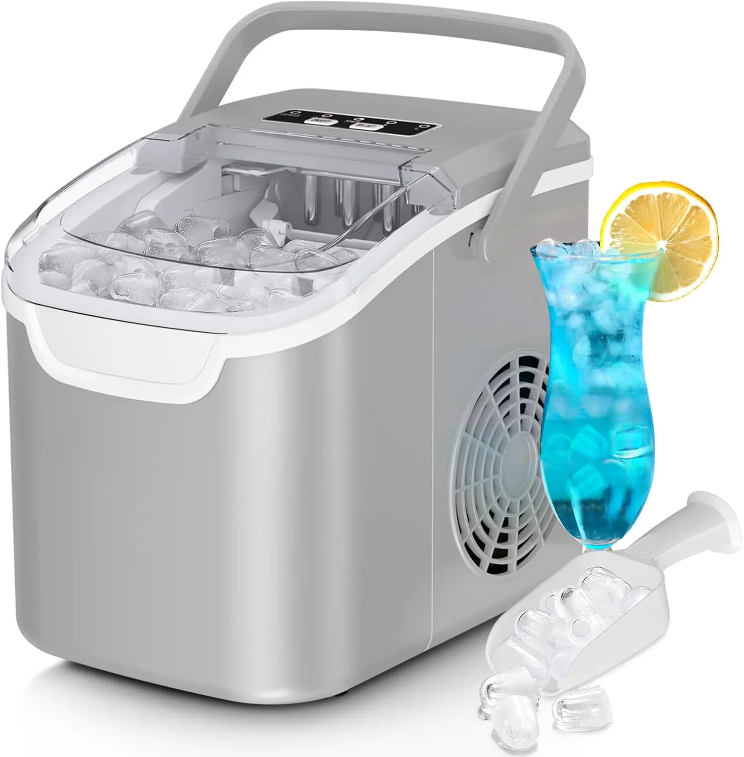 

Portable Countertop Ice Maker, 8 Cubes in 6 Mins, 26lb/Day Bullet Ice with 2 Sizes for Home Party Travel Camping Bar Grey