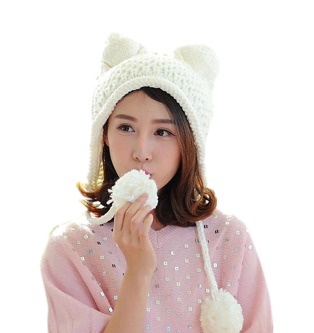 

BomHCS Fox Ears Cat Ear New Women Winter Hat 100% Handmade Knitted Beanie Ear Muff Hat Cap