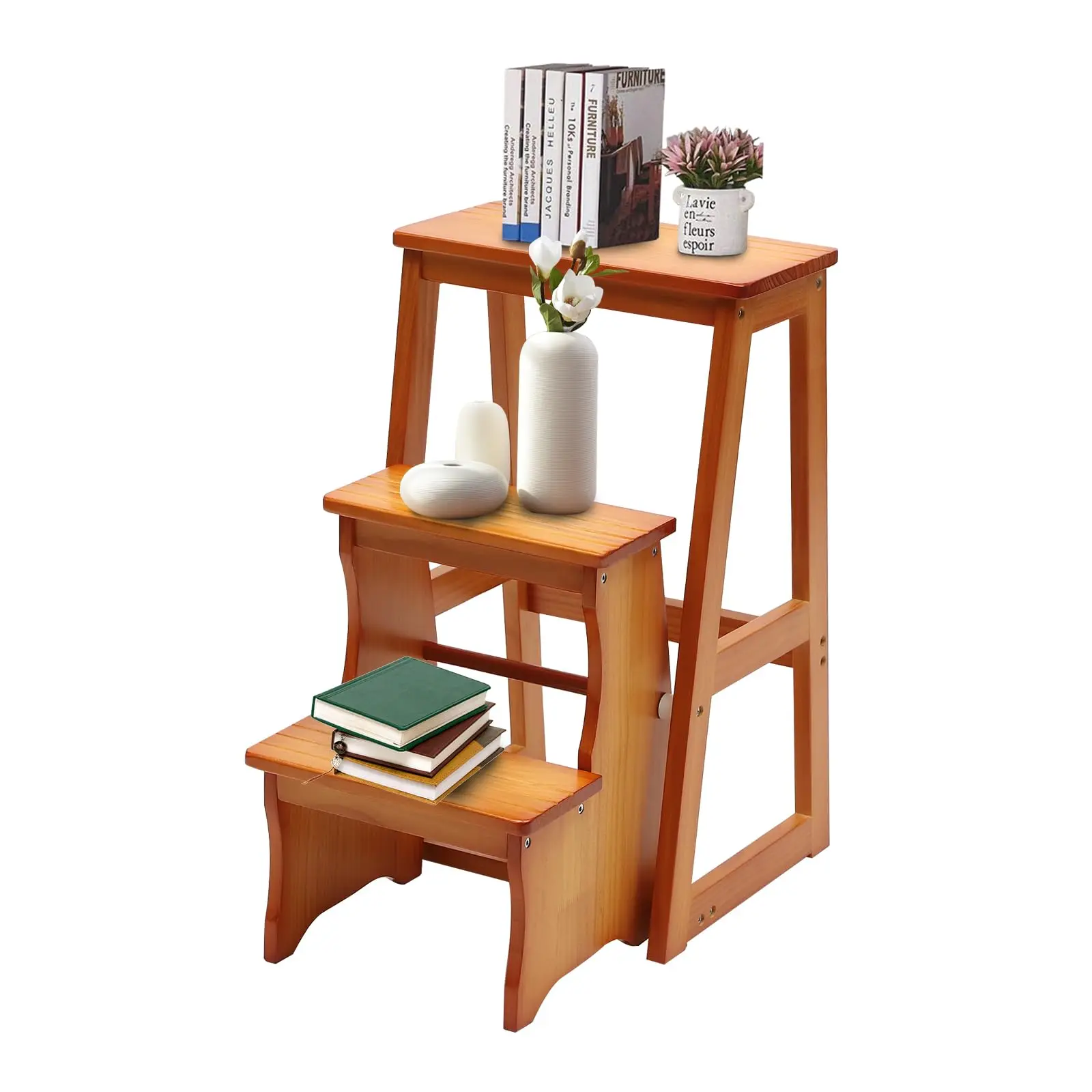 Solid Wood Folding Library Ladder Chair, Lightweight Portable Multifunctional Step Stool, 3-Step Stool Stepladders