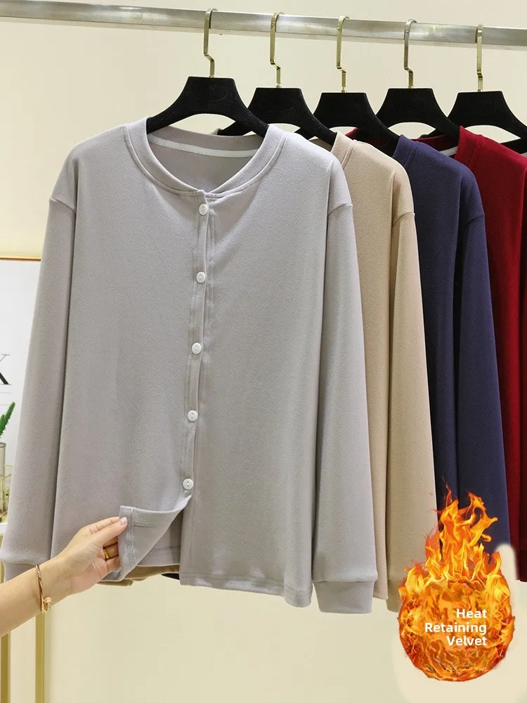 

Утепленный зимний кардиган для женщин с круглым вырезом, на пуговицах, с длинными рукавами, свободного кроя, с пряжкой, больших размеров