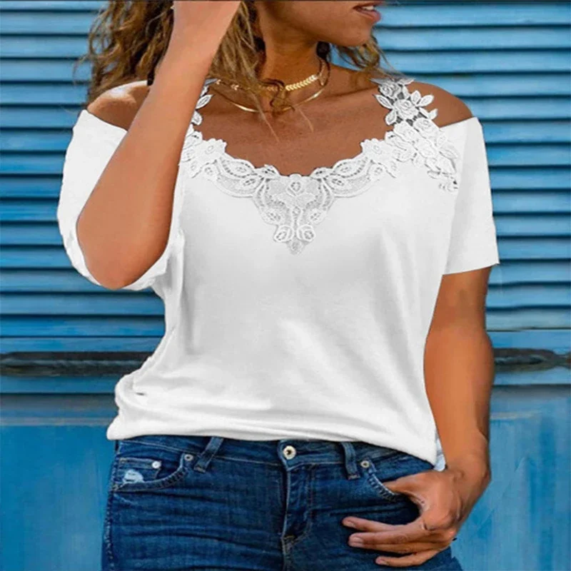 Summer Off Shoulder Lace Short Sleeves Women Comfortable V Neck Solid Color tops OL Large Size Clothing