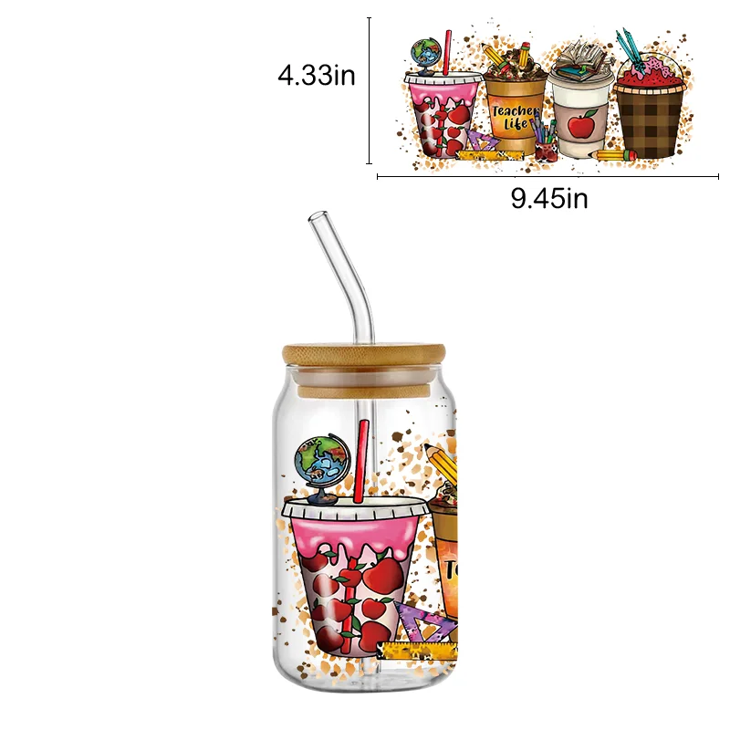 موضوع يوم المعلم UV DTF كأس التفاف ل 16 أوقية كأس التفاف نقل ملصق تسمية مخصصة شعار DIY ذاتية اللصق