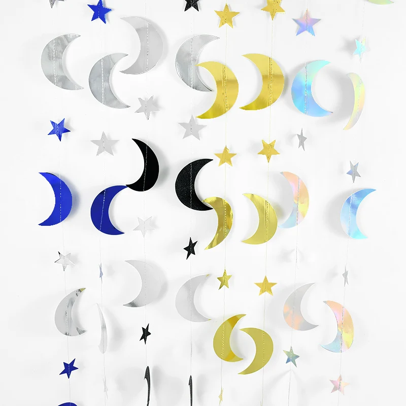 

4m Moon Star Paper Garland Decorations Eid Mubarak Gold Black Silver Bunting Banner for Wedding Birthday Party DIY Hanging Decor