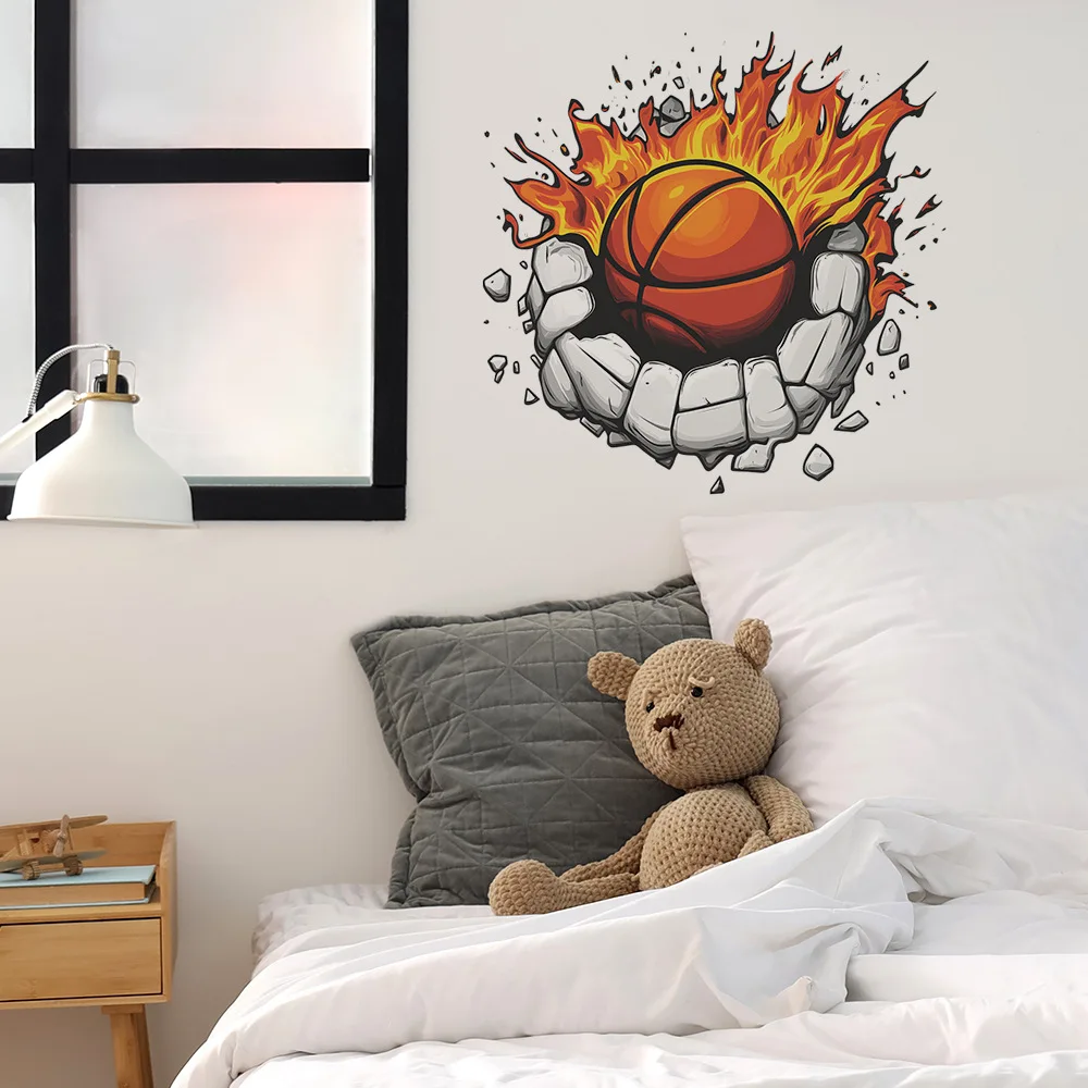Creative Flame Basketball Wall Sticker For Kids Room Background Decor Mural Child Bedroom Decoration Self-adhesive Sports Decals