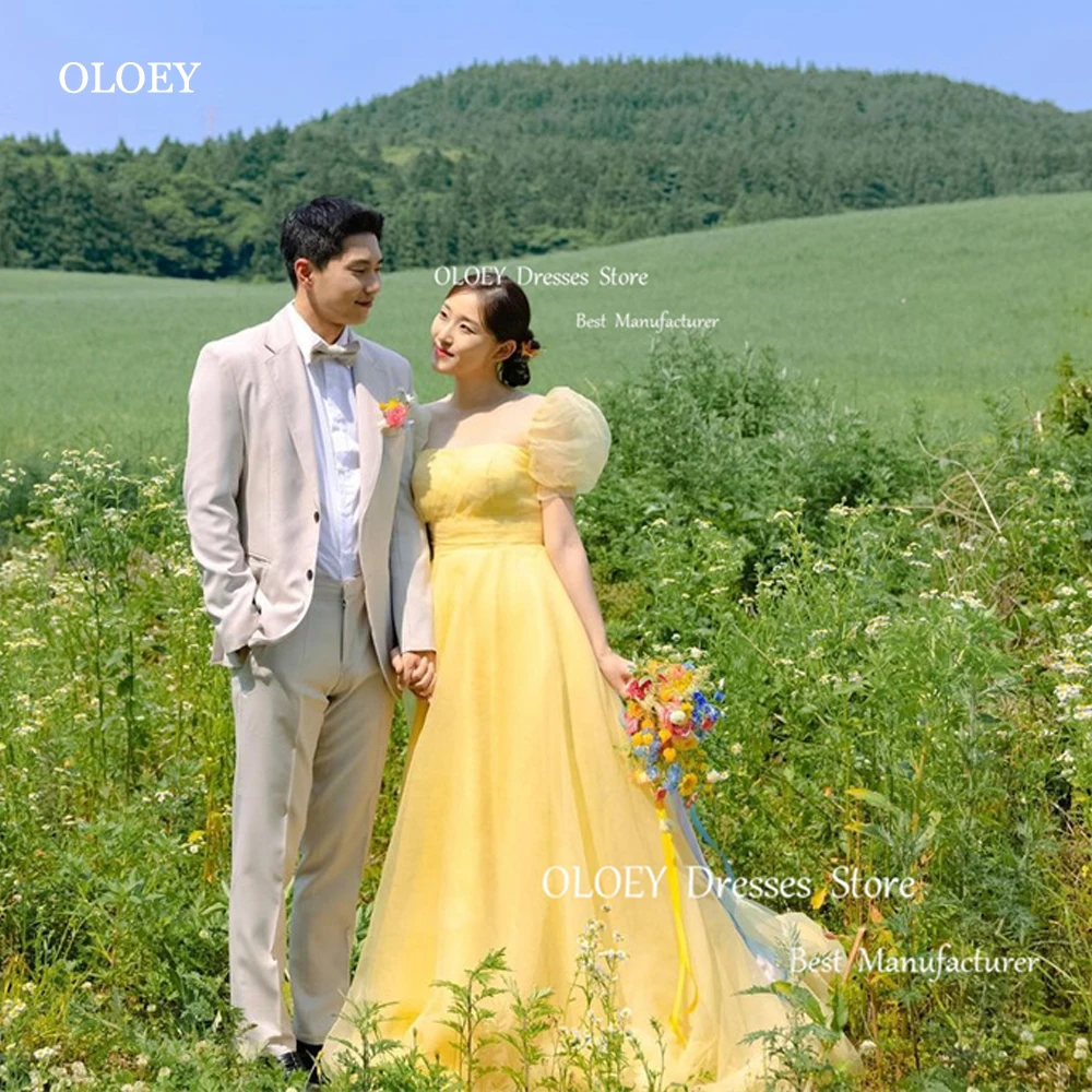 

OLOEY Simple Yellow Organa/Lavender Prom Evening Dresses Korea Puff Sleeves Lace Up Back Country Garden Bride Formal Party Gowns