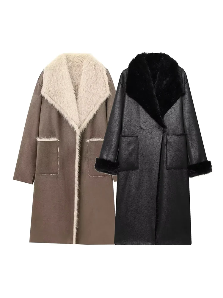 

European-style new women's fashionable and versatile elegant long coat with a single-button closure and reversible design.