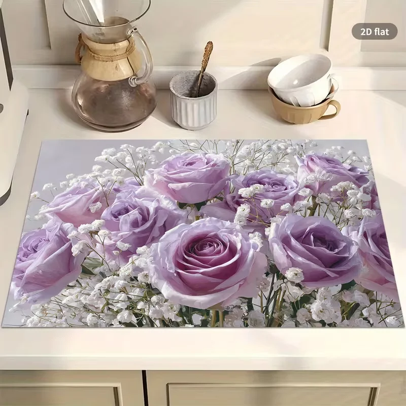 Purple Rose Baby Breath Dish Drying Mat Coffee Countertop Pad Decor Kitchen Sink Draining Pad for Tableware Espresso Maker