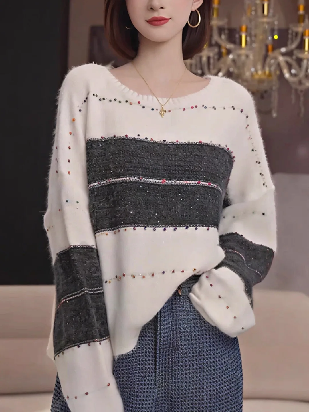 

Loose Fit Wool Blend Knitwear Sweater Round Neck Striped Color Block Early Autumn New Style Women's Casual Fashion Pullovers C31