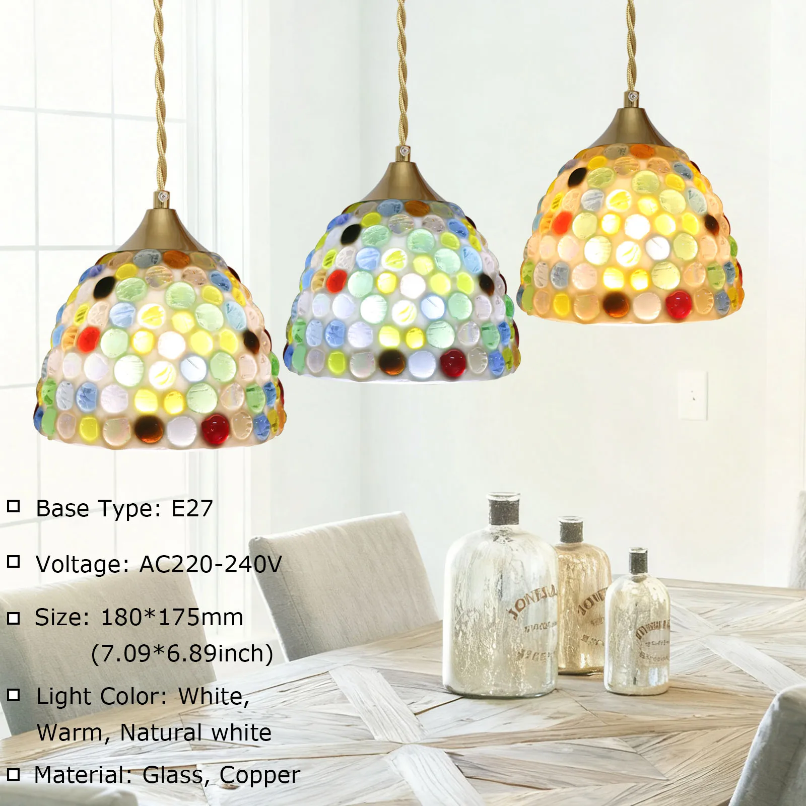

E27 Pastoral Style Creative Color Glass Splicing Lampshade Chandelier Bedside Restaurant Cafe Decoration Lighting Pendant Light