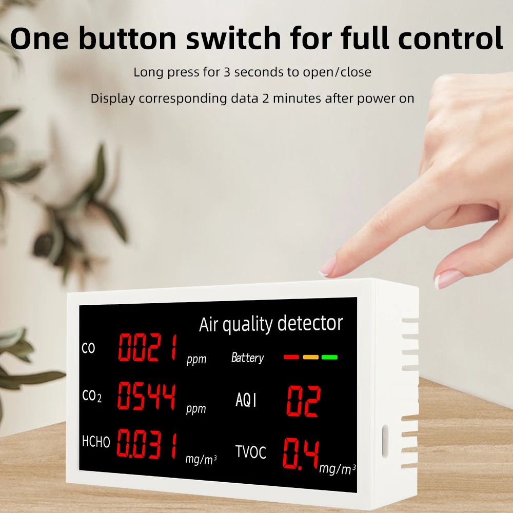 5 in 1 Air Quality Monitor Home Air Quality Detector Pollution Tester CO/CO2/HCHO/AQI/TVOC Real-time Monitoring With LED Screen