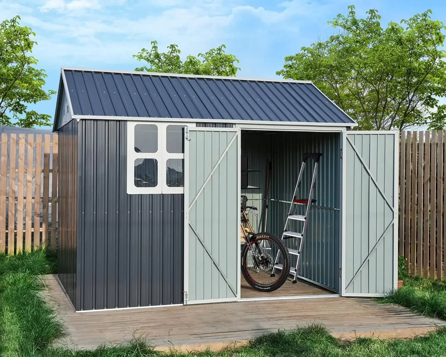 10x8x8 FT Shed 4-pane Window Nordic Cottage Storage Shed Outdoor Metal Garden House  Garden Patio Lawn Dark Grey/White