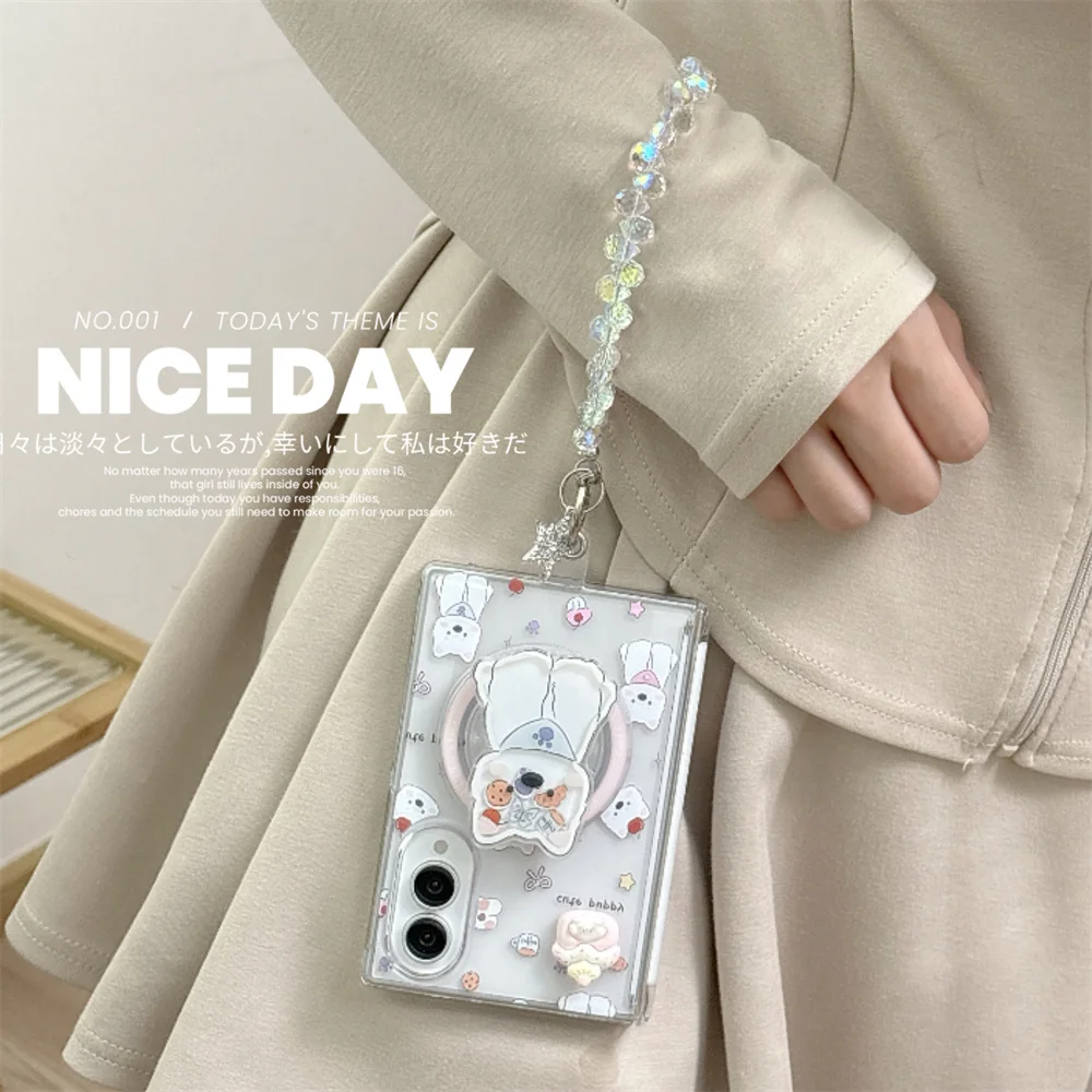 Kawaii Cute White puppy Magnetic Phone Case for Samsung Galaxy Z Fold 8 Ultra zfold 8 7 6 5 Cover For Magsafe Stand Chain