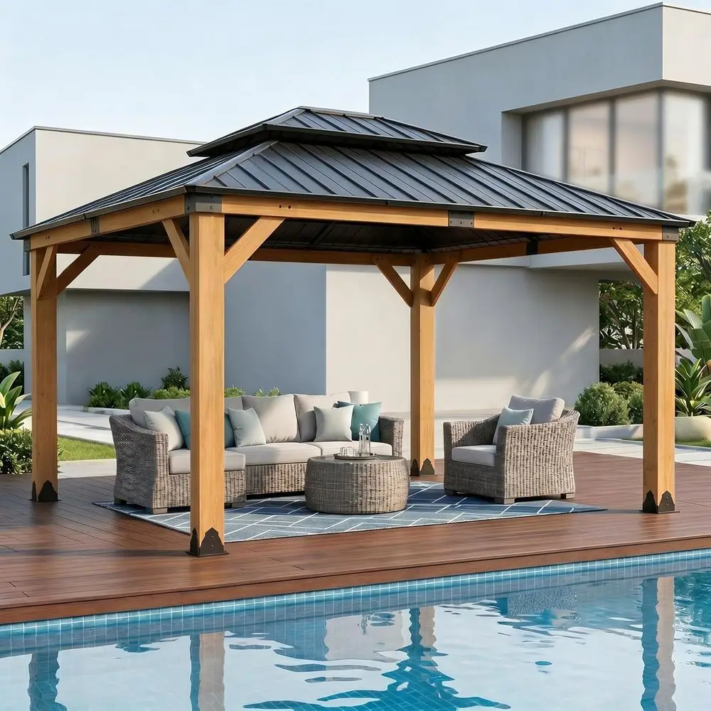 

10X12 T CeWood Hardtop Gazebo, Heavy Duty Wooden e Gazebo with Metal Roo, Outdoor Patio or Backyard, Deck, Lawn & Garden