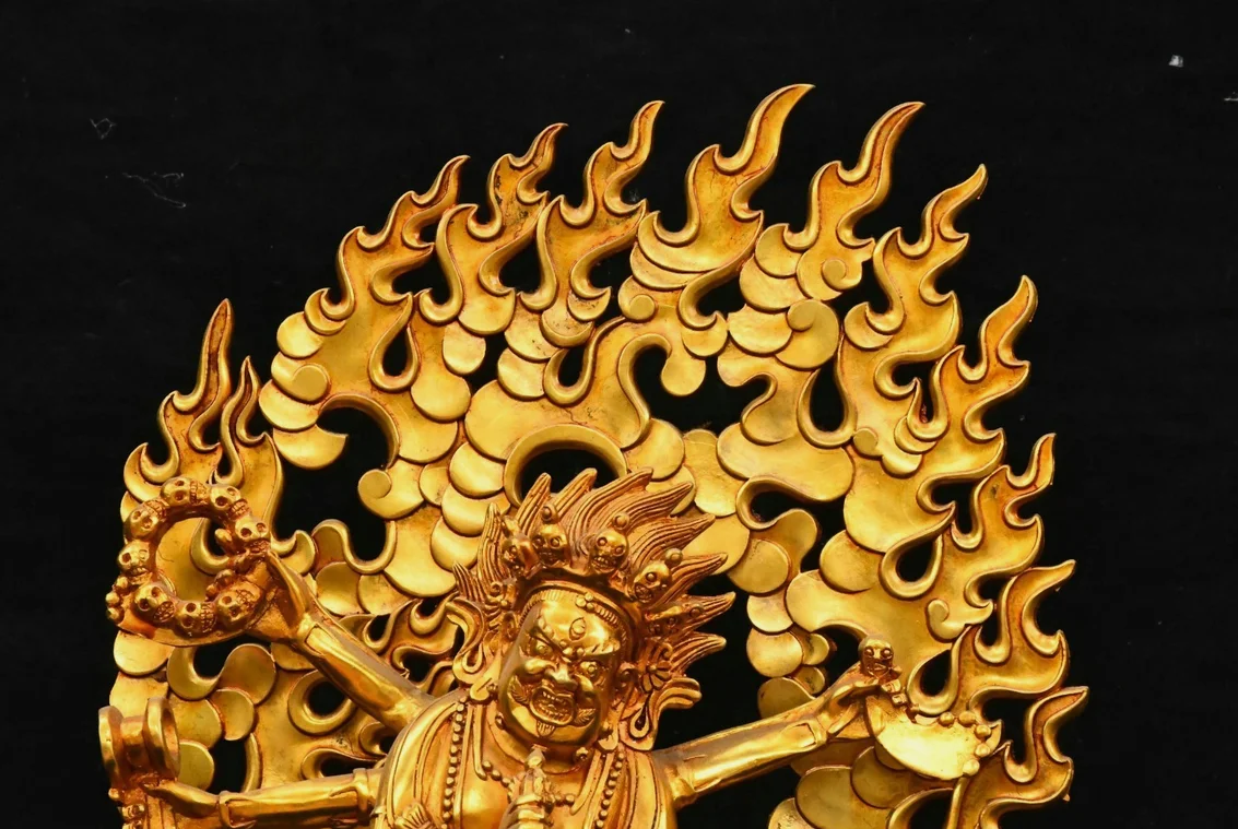 13''Old Tibet Bronze Gilt 6 Arms Buddhism Mahakala Wrathful Deity Buddha Statue