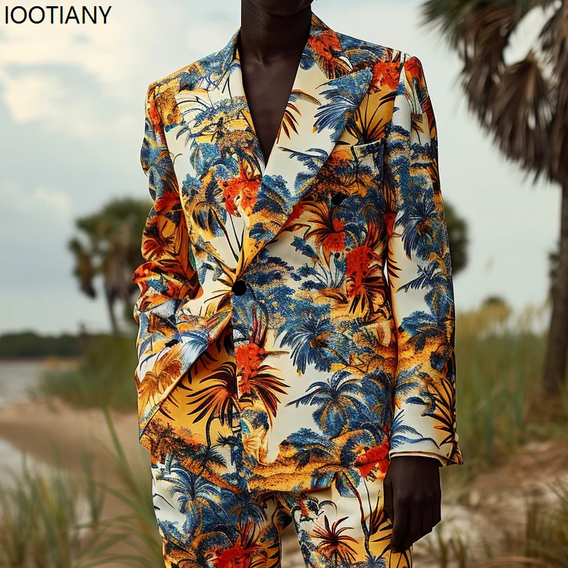 Colorful Landscape Jungle Print Suit Jacket Pants Men Landscape Painting Casual Suits Holiday Dress Business Casual Banquet Suit