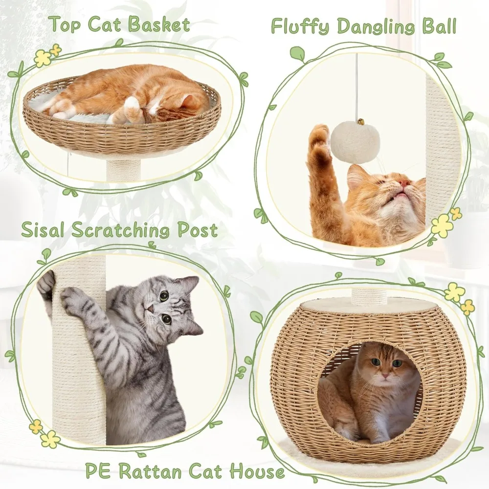 Cat Tree, Rattan Cat Climbing Tower Scratching Post, Woven Rattan Cat Condo and Soft Cushion Top Perch, Pet Furniture