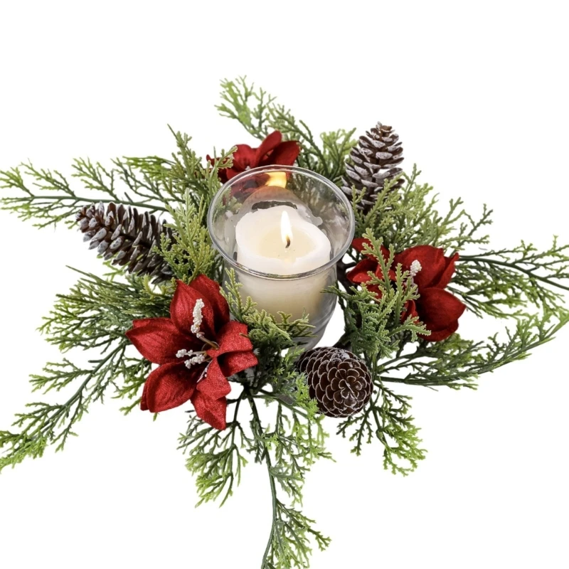 Christmas Rings Wreaths with Artificial Flower and Pinecones for Christmas Table Centerpieces Pillars Wine Bottle