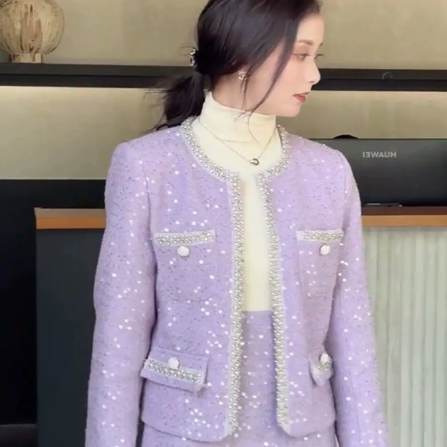 Luxury Purple Sequined Blazers Coat Autumn OL Beading Suit Jacket Rhinestones Cardigan Tops + Half A-Line Sequins Skirt 2pcs Set