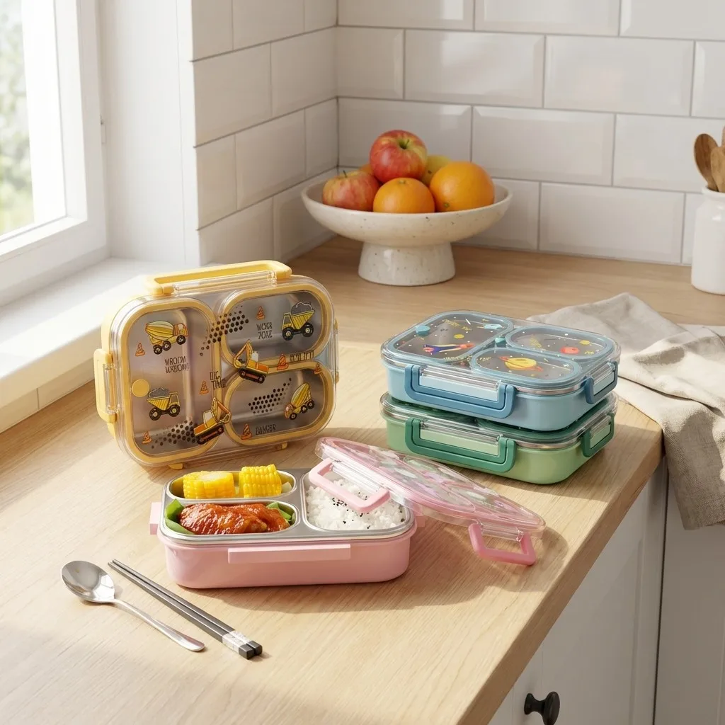 

900ML Cute 304 Stainless Steel Divided Bento Lunch Box For Kids Microwave Safe Portable Leak-proof Food Container With Handle