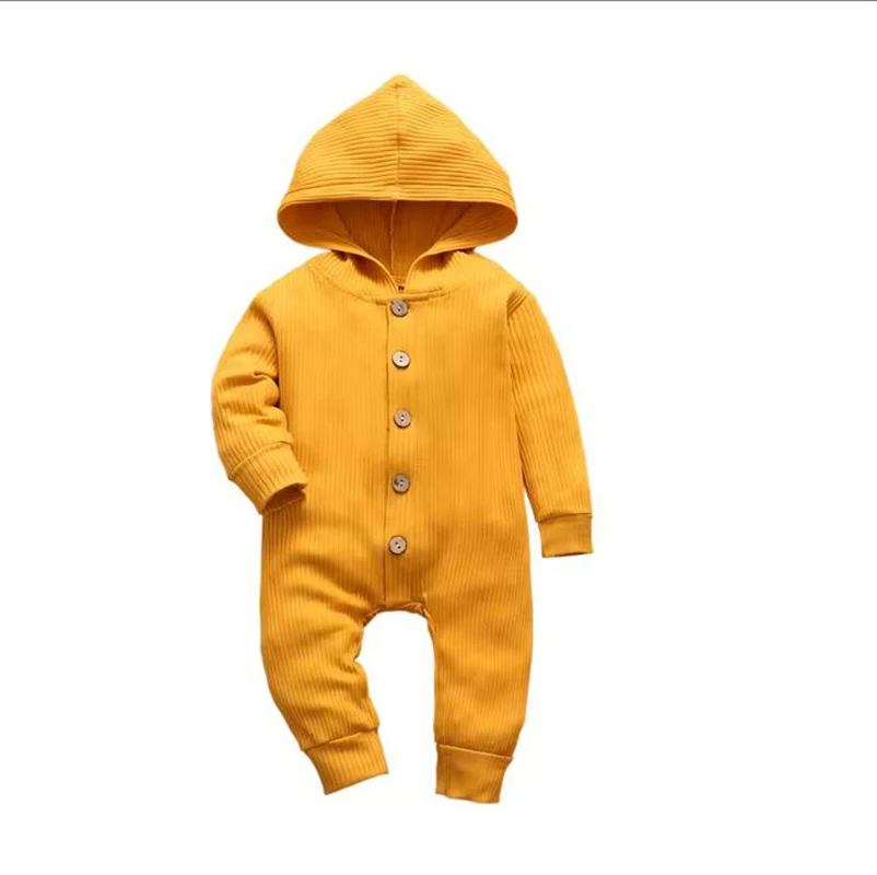 Newborn Boy Girl Clothes Autumn Cotton Baby Romper Long Sleeve Knitted Ribbed Hooded Jumpsuit Spring Solid Infant Clothing 0-18M