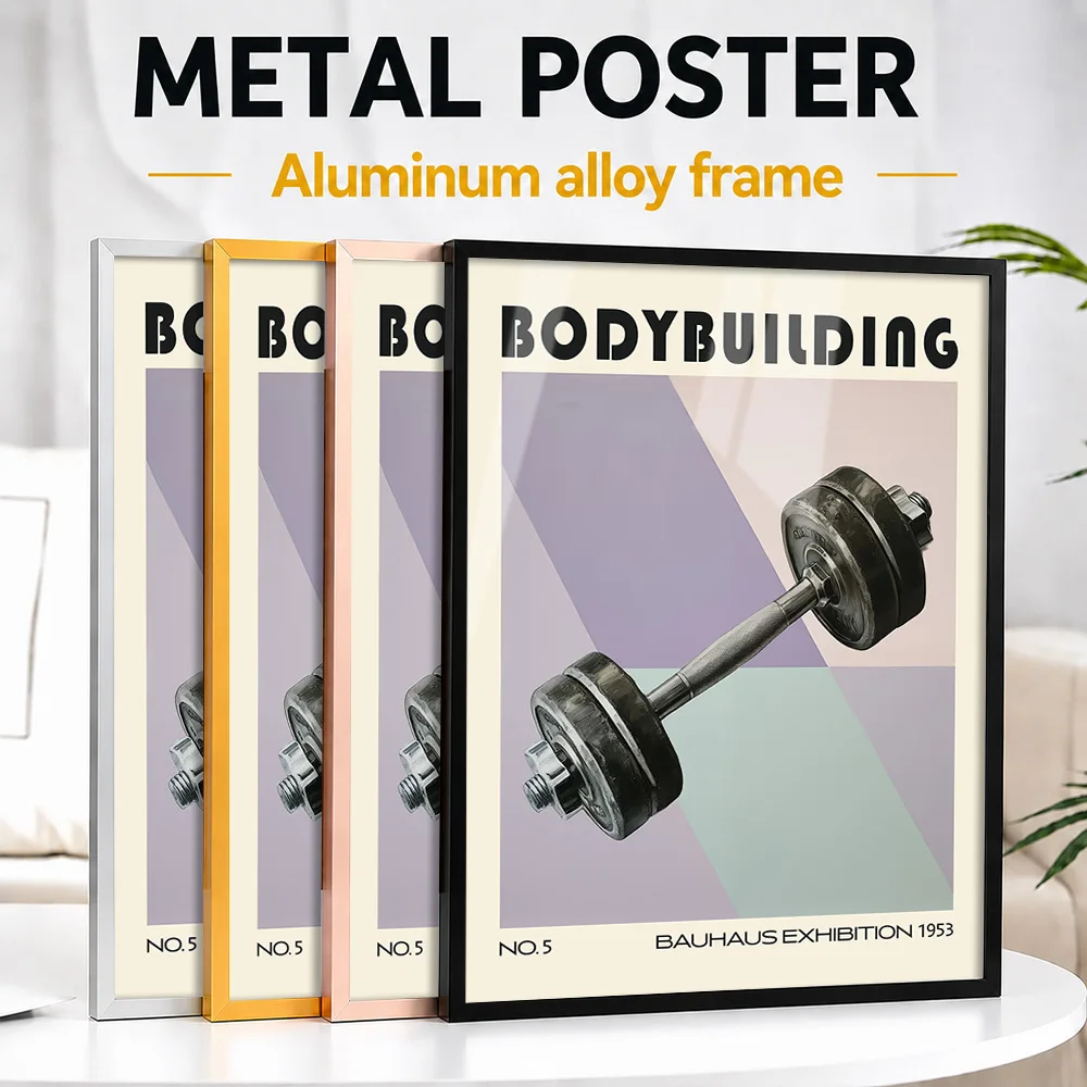 Bodybuilding Sport Mid Century Dumbbell Framed Aluminum Metal Poster Customized Photo High Contrast Style Wall Art For Bedroom