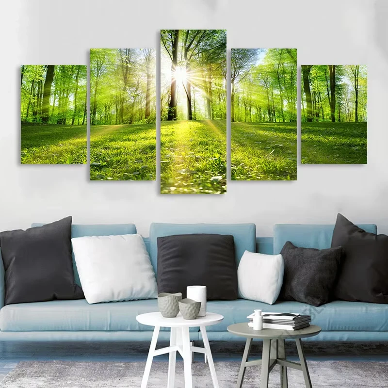 5 Piece Forest Canvas Painting Wall Art Landscape Posters and Prints Sunshine Through the Trees Pictures Wall Art Living Room