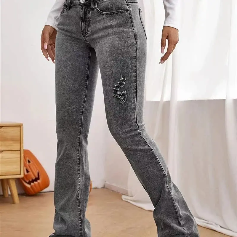 Faionable Ladies Long Jeans PD08296 Small Hole Design New Sle Women's Denim Pants Autumn Collection Ele Sle